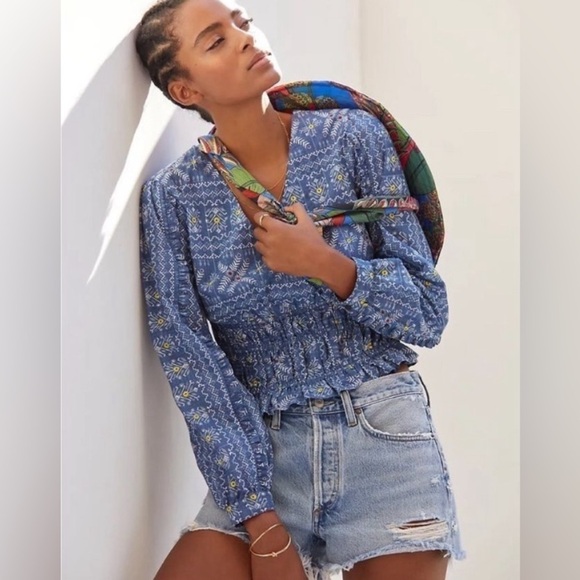 Size M NWT Anthropologie Forever That Girl Embroidered Smocked Blouse - Picture 2 of 11